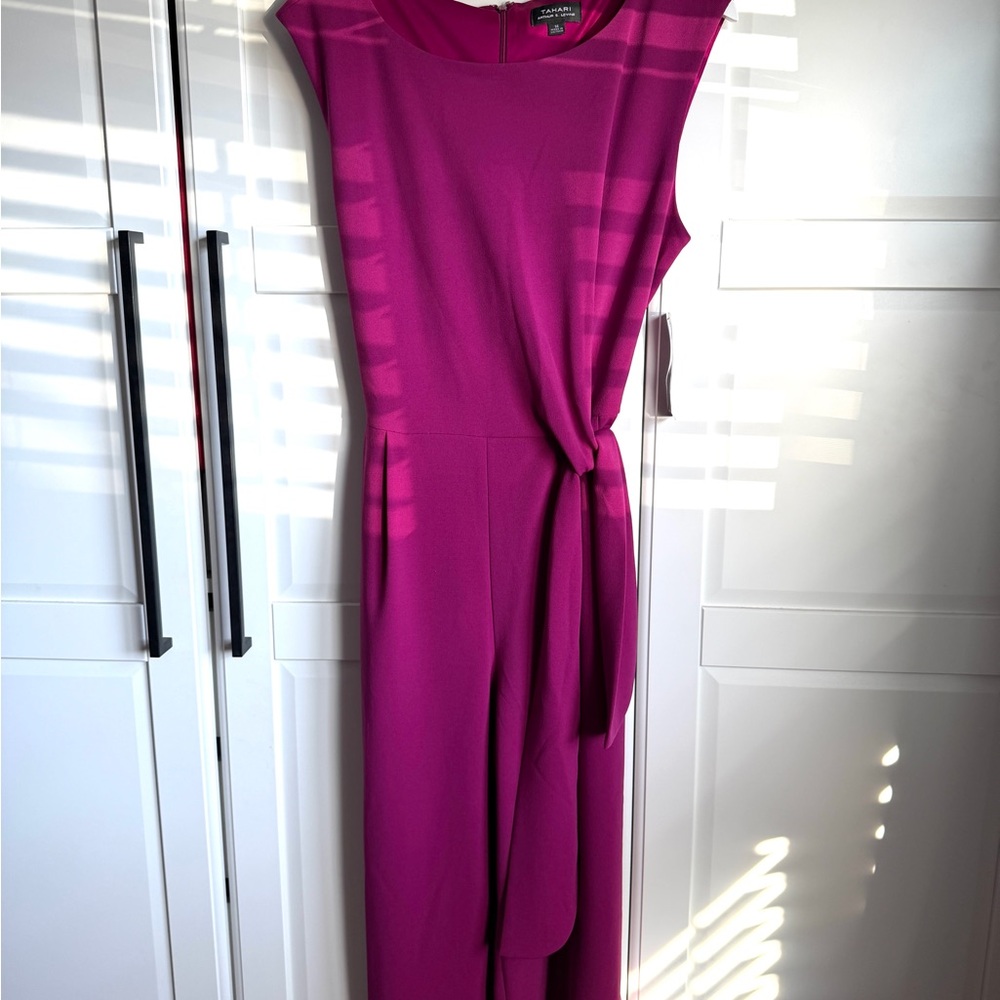 Tahari ASL Jumpsuit Cropped Wide Leg Sleeveless Tie Waist Magenta 14 NWT